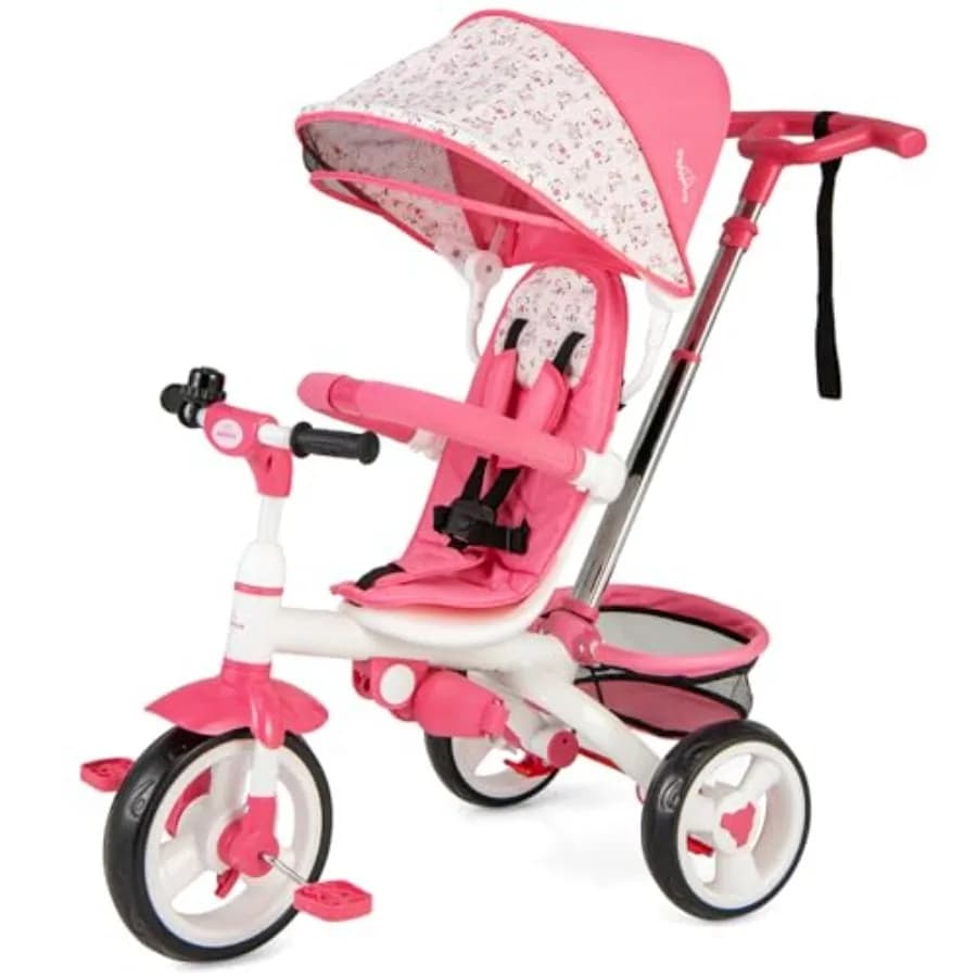 Triciclo 6 in 1 per bambini con maniglia per genitori, tettuccio regolabile, vano portaoggetti, cintura di sicurezza, freni a ruota, colore rosa, passeggino triciclo.