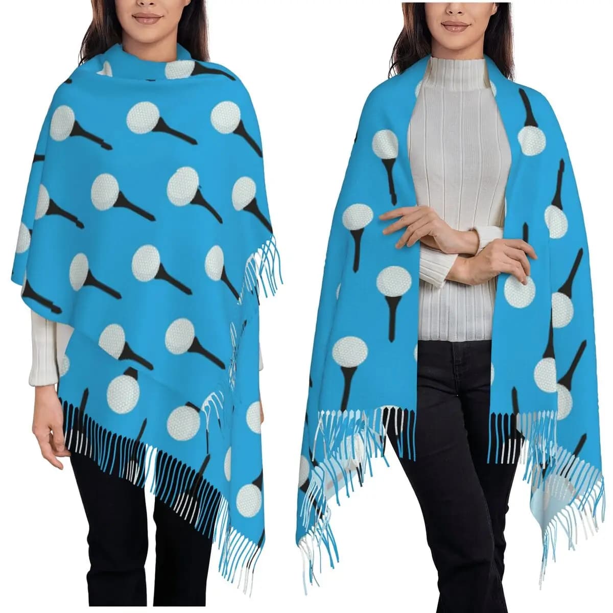 Golf Ball And Tee Pattern (Cyan Blue) Scarf Tassel Scarves Women Soft Warm Shawls and Wraps Long Fall Winter Shawl Wrap