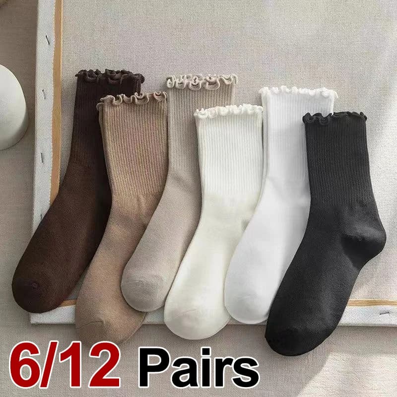 6/12 paia di calzini da donna a tinta unita con bordo ondulato, calzini alla moda, stile dolce, traspiranti, comodi, calzini casual primaverili ed estivi