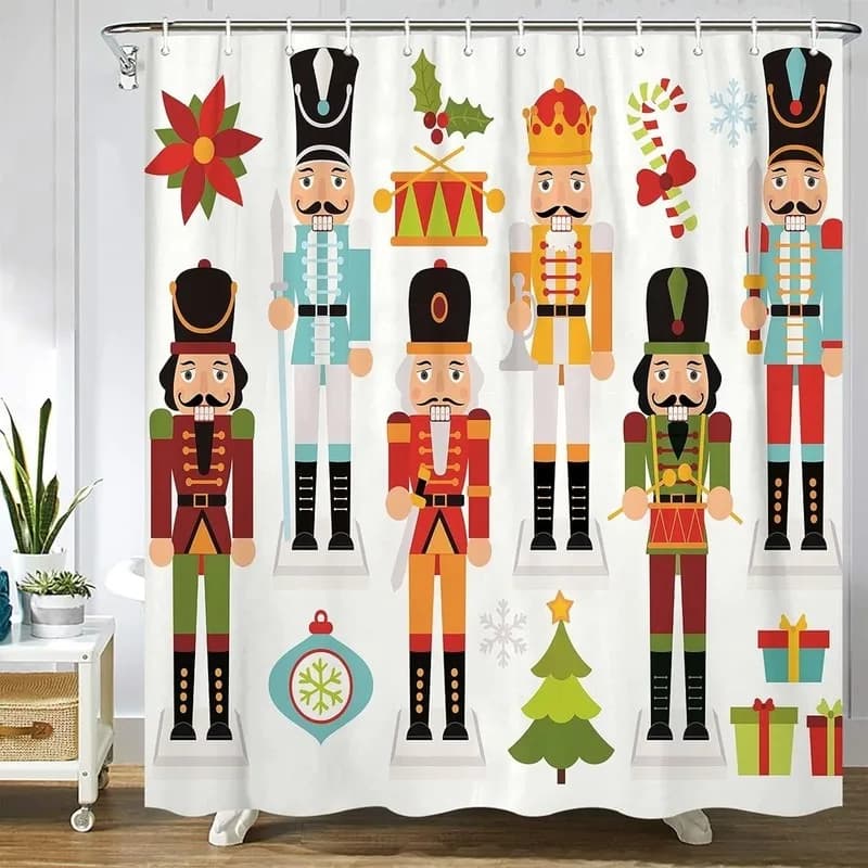 Cartoon Colorful Nutcracker Soldier Christmas Tree Shower Curtain Bathroom Decor Set No Drilling 12 Hooks Included