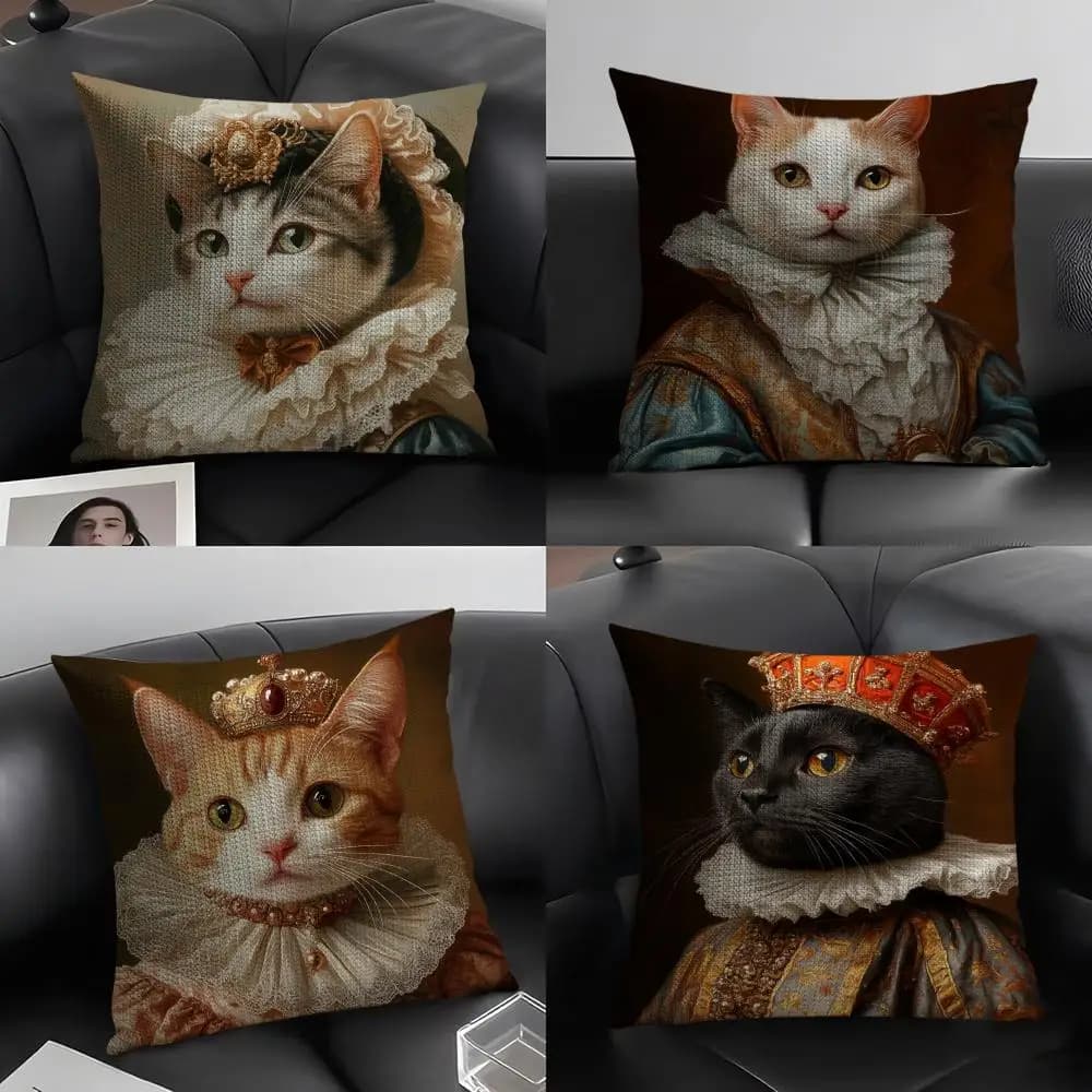 Fodere per cuscini in lino con stampa Cat Queen per divano, casa, auto e sedie - Decorative
