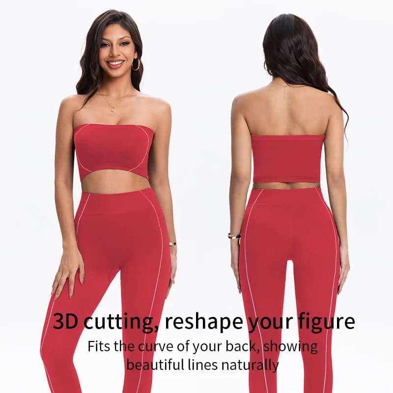 Women Bandeau 2 Piece Yoga Set, Side Contrast Line High Waist Moisture Wicking Slim Sports Suit For Gym Walking Casual Training