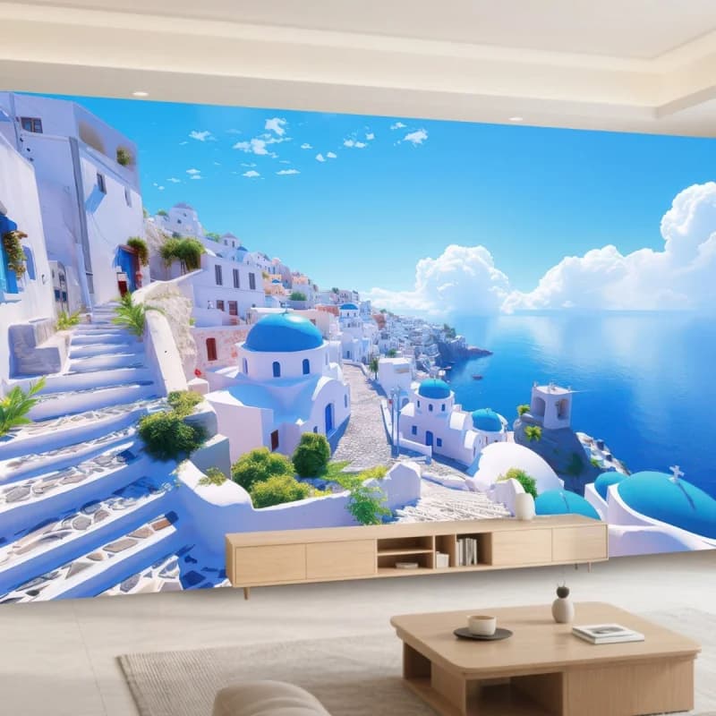 Santorini Coast, Aegean Sea Scenery Wall Tapestry Living Room Bedroom Homestay Atmosphere Polyester Fiber Wall Hanging