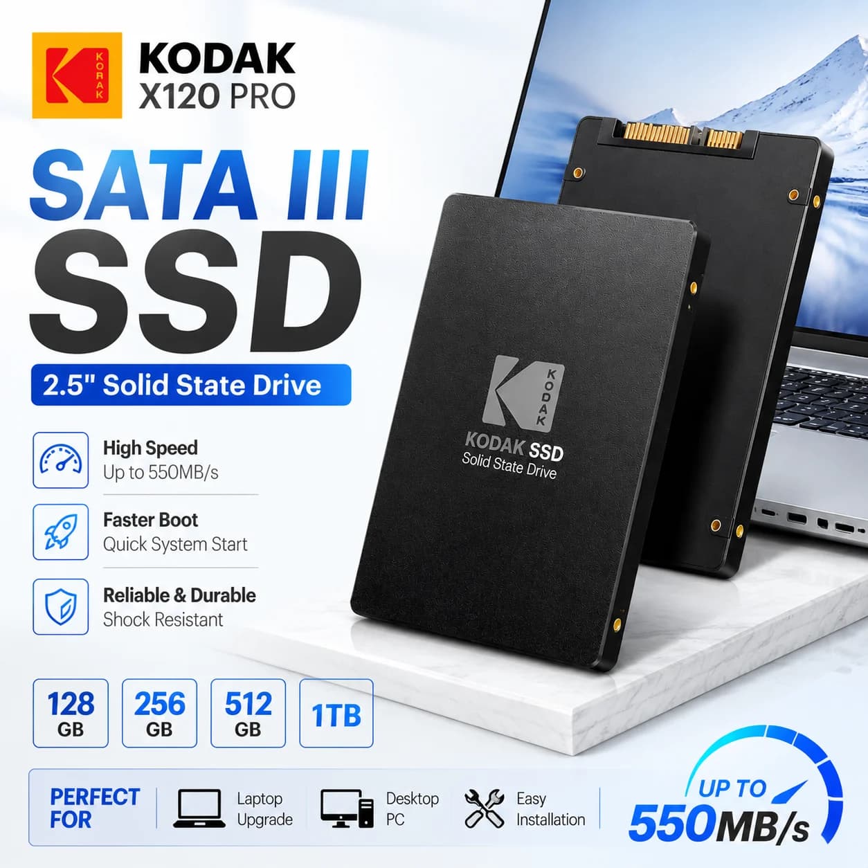 Kodak X120 PRO SSD Interno SATA III da 2.5 Pollici, 1TB 512GB 256GB 128GB per Laptop e PC Desktop