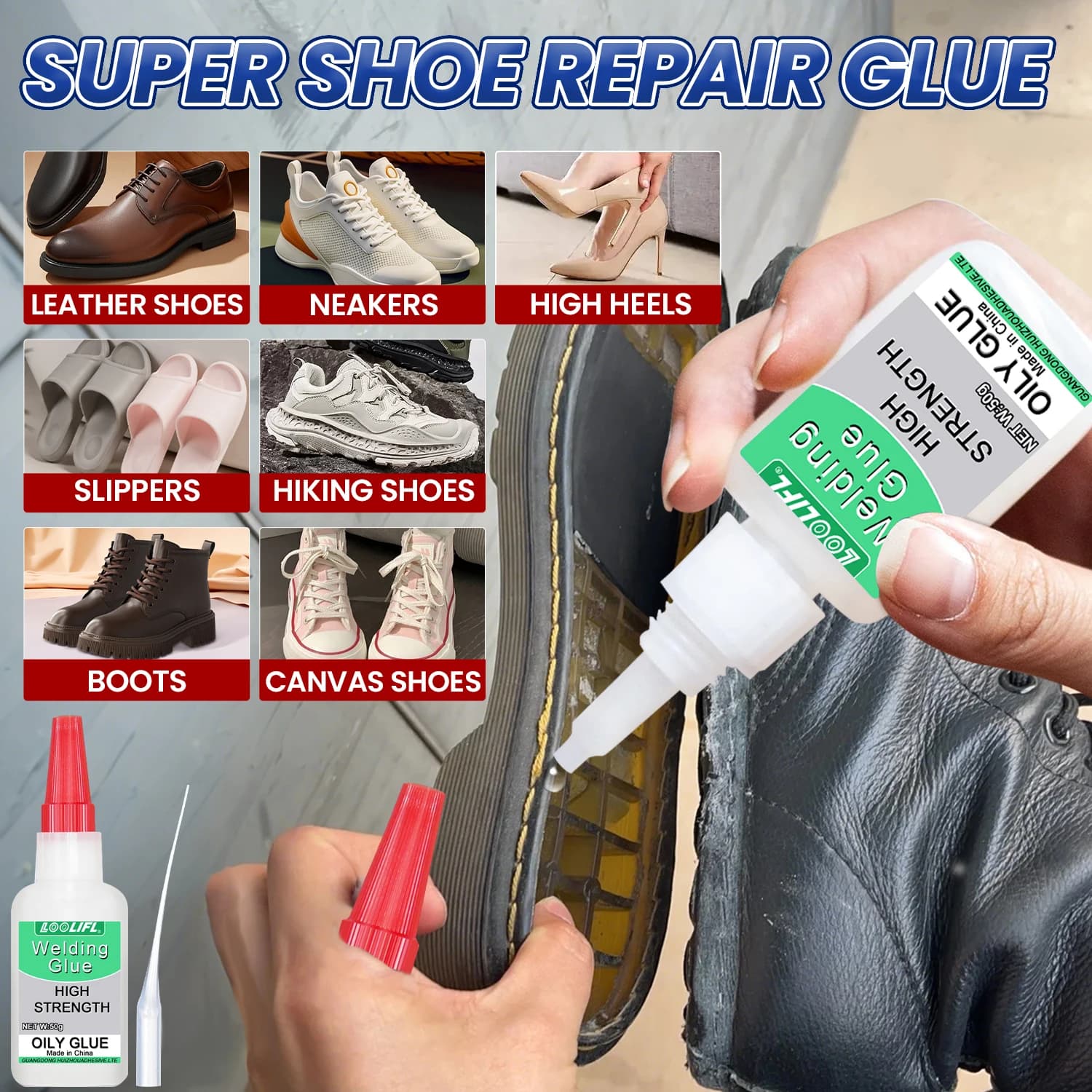 LOOLIFL50g Colla per scarpe: grado professionale, trasparente, impermeabile, ad asciugatura rapida, ideale per scarpe da trekking, scarpe da ginnastica, sandali e altro ancora