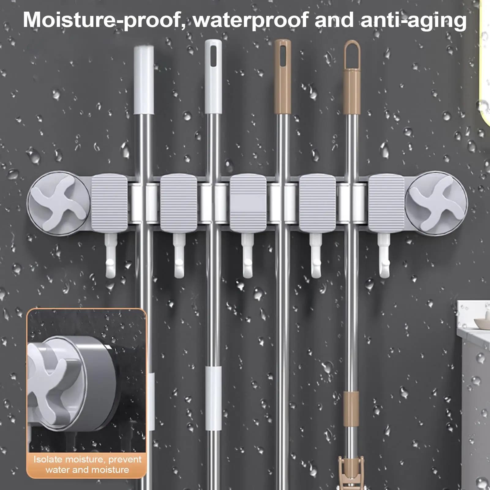 Porta scopa Supporto da parete Ventosa da parete Mop Organizer Stand Utility Stand con 5 ganci per spazzole Pala Guanti Straccio da cucina