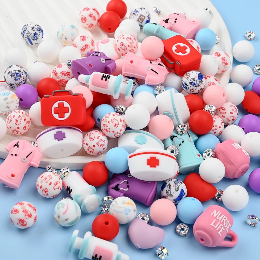 30/38 pezzi set di perline in silicone perline in silicone a tema infermiera perline multiuso per catenelle ciuccio portachiavi e creazione di braccialetti