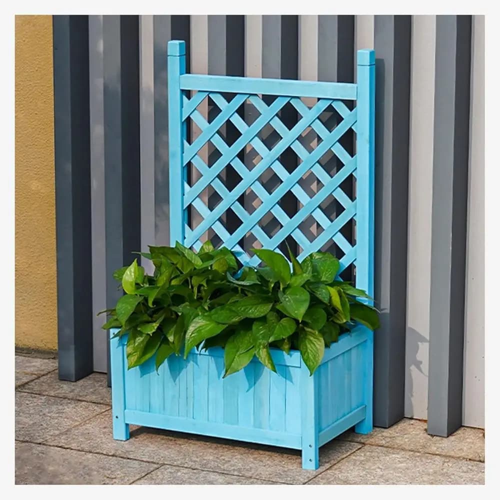 Blue outdoor planting station with workbench and table for patio vases in the courtyard (46x28,5x80 cm)