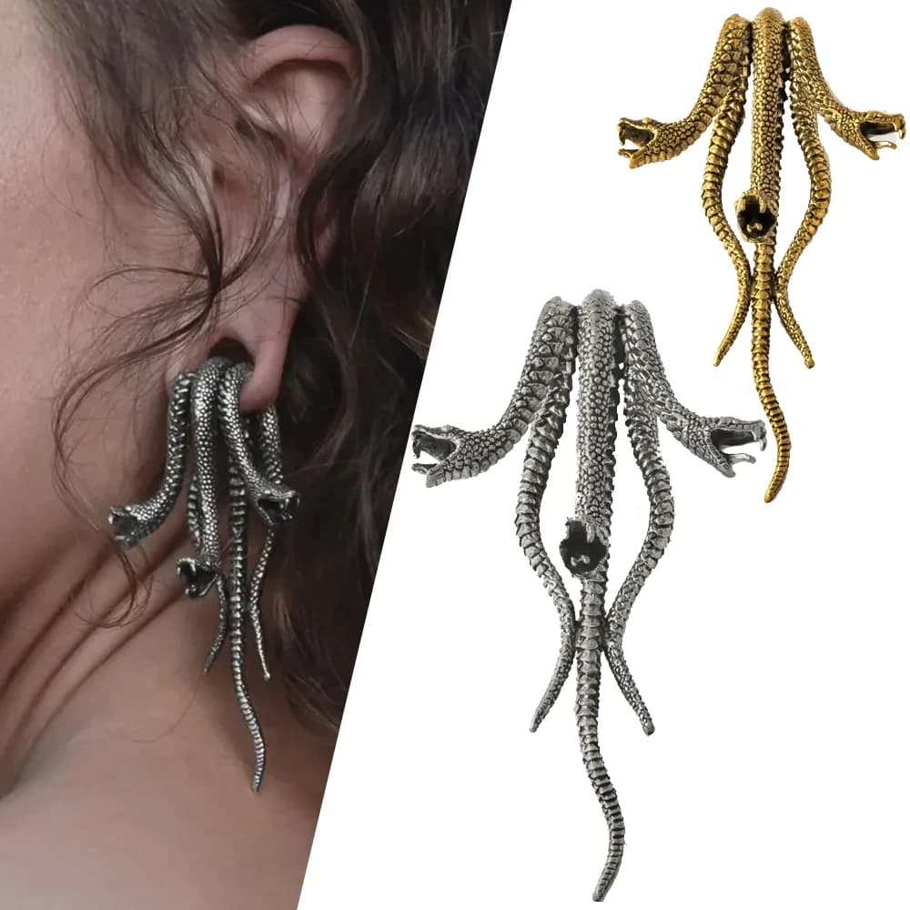 1 Pezzo Orecchino a Peso per Lobo in Rame Argentato/Dorato, a Forma di Serpente a Tre Teste, Pesante, Dilatatore per Orecchio, Gioielli per Piercing Corporeo