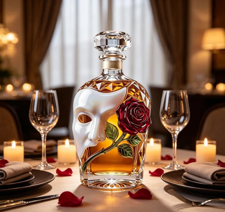 Crystal Decanter with Mask Rose Enamel Art Design, Luxury Clear Glass Liquor Carafe for Whisky Brandy Wine, Premium Home Bar