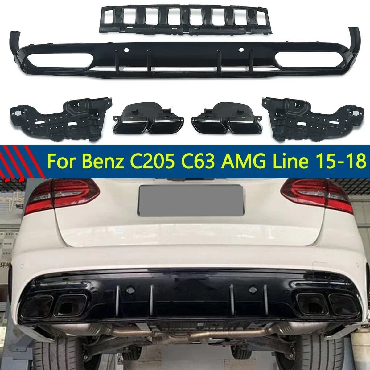 Diffusore posteriore per Benz C205 C300 C43 C63 Style AMG con punta a muffola 2015-2018 Gloss