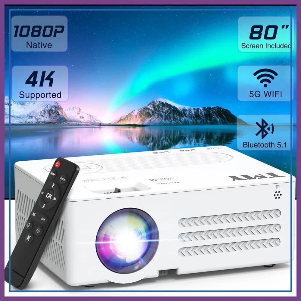 Proiettore nativo 1080P con WiFi e Bluetooth, schermo da 80 pollici incluso, supporto 4K, portatile per uso interno ed esterno