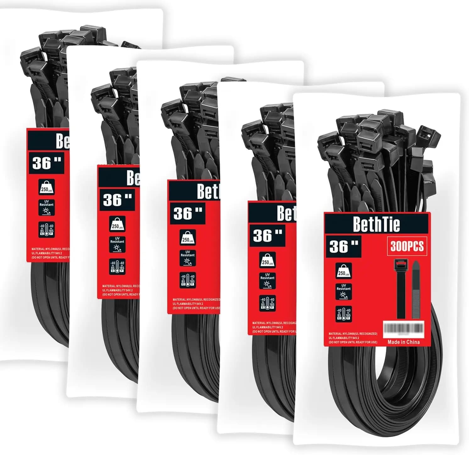 Fascette Nere da 36 Pollici, Resistenti, 300 Pezzi, 250 LBS, Fascette in Plastica Ultra Resistenti, Fascette per Cavi Grandi ed Extra Lunghe