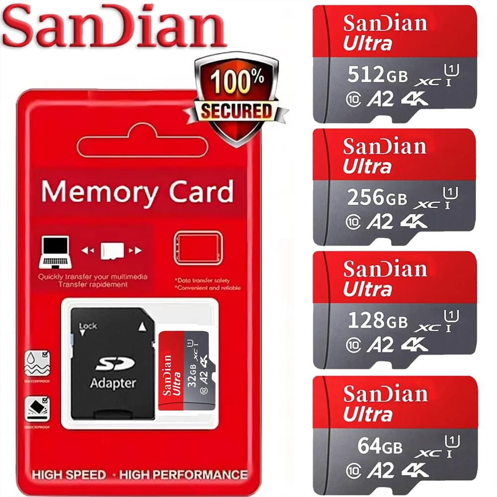 High Speed Micro TF SD Memory Card 64GB 128GB 512GB U3 V30 A2 Class 10 for Smartphone Gaming Tablet 4K Video Phone Storage