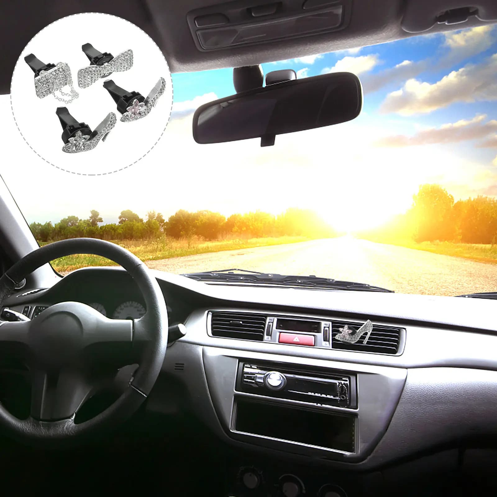 4 Pezzi Clip per Bocchette d'Aria Auto con Fiocco, per Deodorante Aromaterapico, Accessori Decorativi per Interni Auto con Cristalli Bling, Idea Regalo