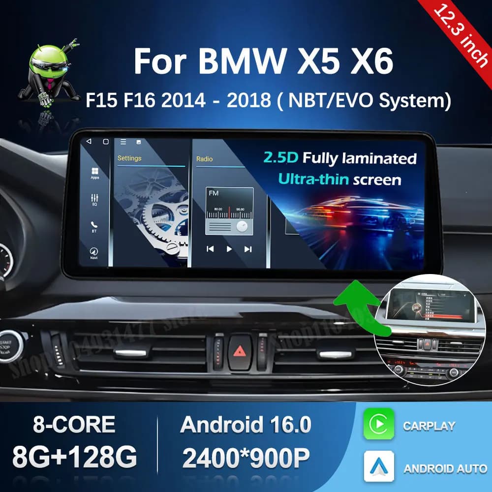 Autoradio Multimediale Android 16 da 12.3'' con Carplay Wireless e GPS per BMW X5 F15 X6 F16 2014-2018 Sistema NBT EVO