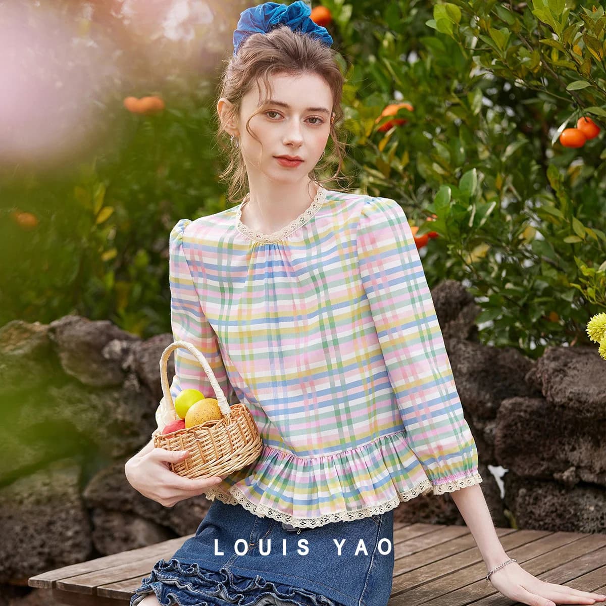 LOUIS YAO Women's Blouse 2026 Spring Ruffled Patchwork Plaid Shirt Romantic Age-Reducing Color Plaid Lace Trim Round Neck Blouse