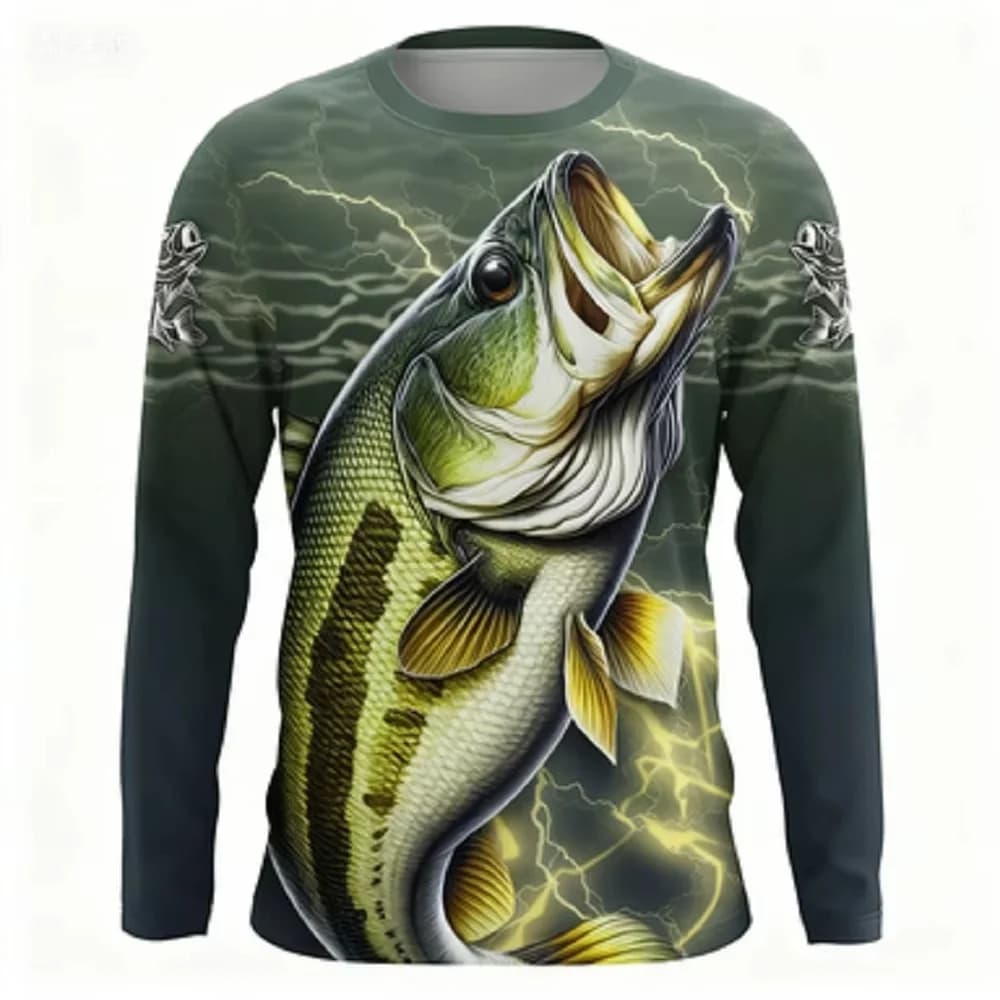 T-shirt a maniche lunghe girocollo con stampa bass pattern alla moda, top casual trendy per uomo e donna