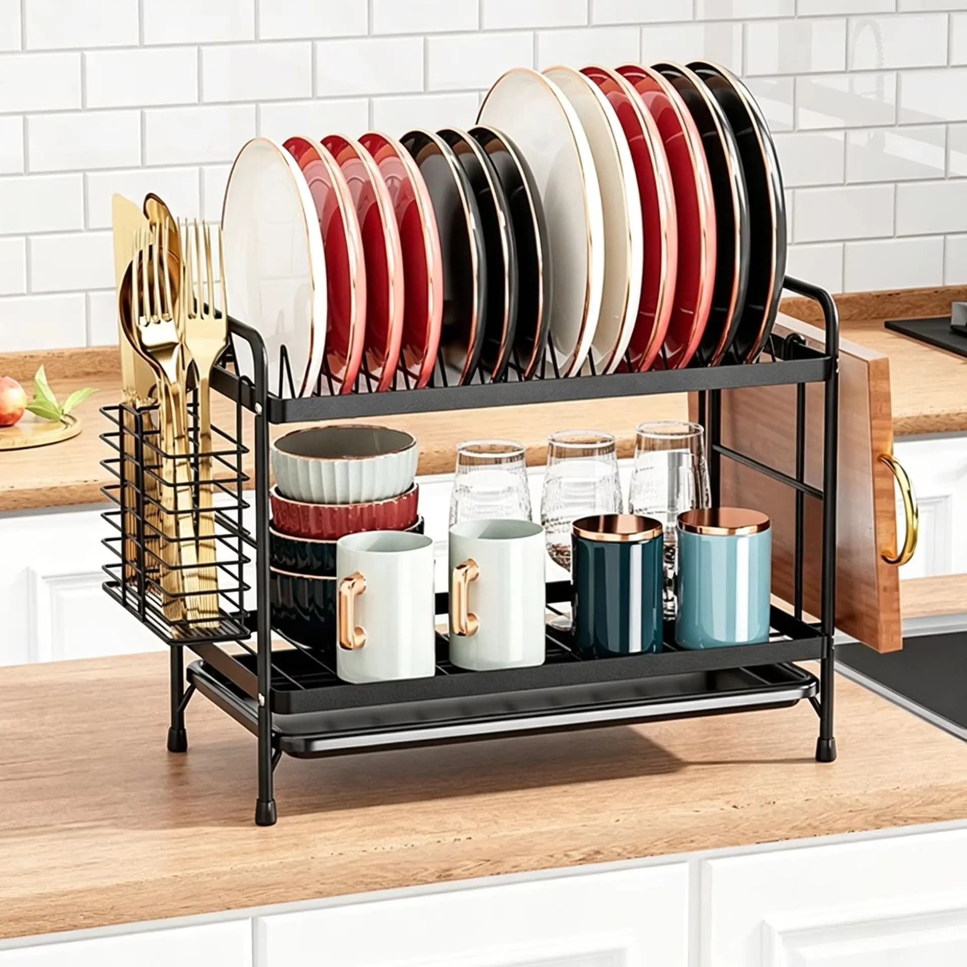 2Tier Dish Drying Rack With Drain Board, Kitchen Countertop Dish Organizer For Plates, Bowls & Utensils Large Capacity Dish Rack
