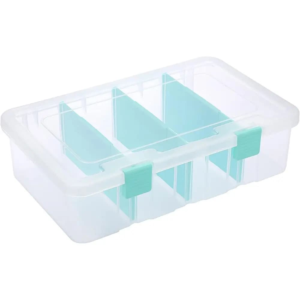 Clear Plastic Dividing Storage Box with 4 Compartments, Adjustable Storage Bin with Lid, Plastic Crate Storage Container, Multip
