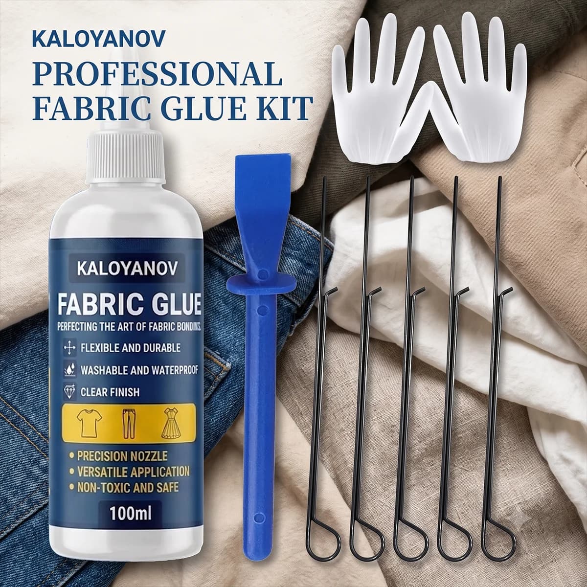 KALOYANOV Permanent Fabric Glue Kit No Sew Washable Clear Clothing Repair Adhesive with Accessories for Denim Canvas DIY Crafts