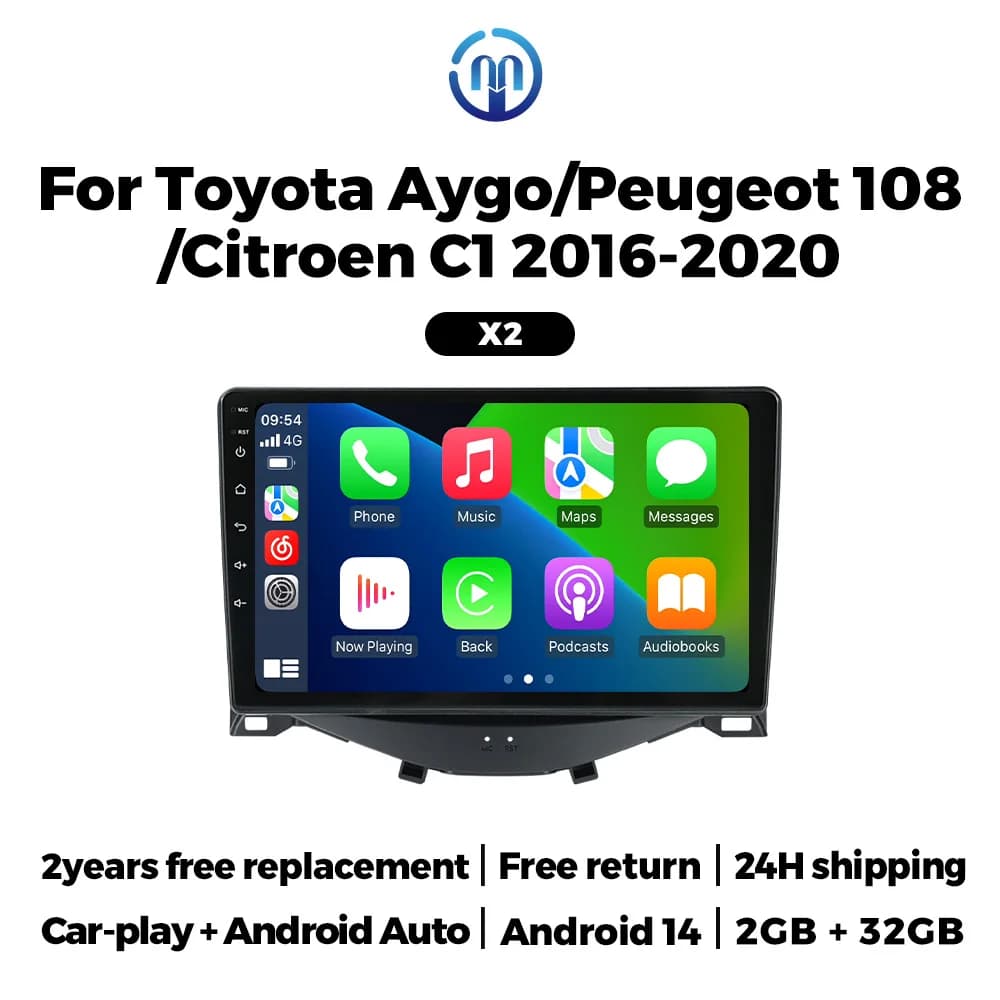 Android 14 Car Radio for Toyota Aygo Peugeot 108 Citroen C1 2016 - 2020 Carplay Auto Intelligent Multimedia Player 2 Din Stereo