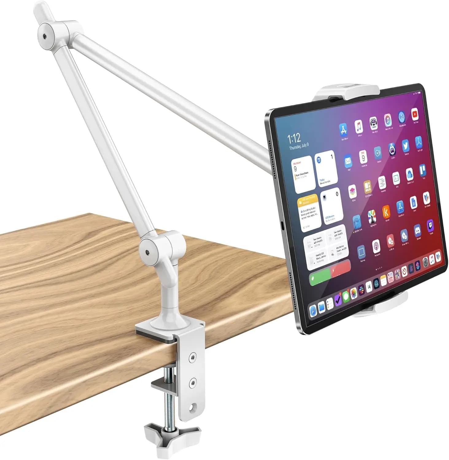 Adjustable tablet support with 360° rotation Clamp, Universal Device Support 4.7"-13.5" - White