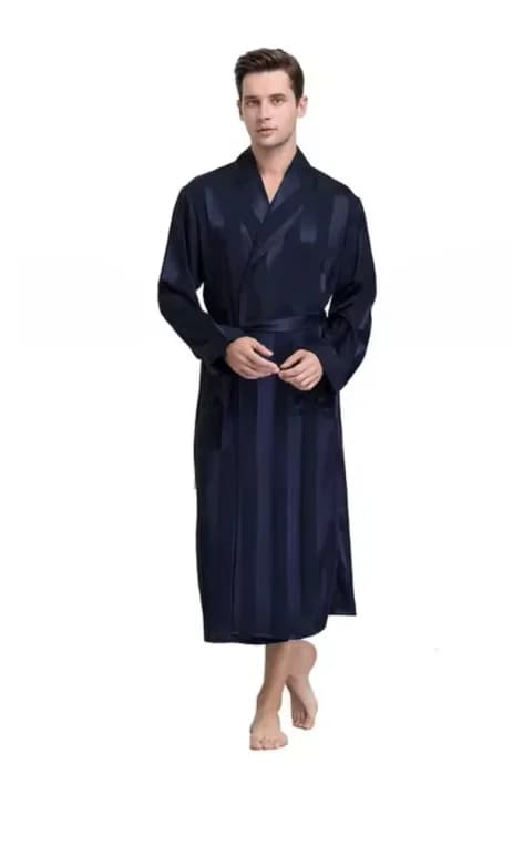 Plus Size 3XL 4XL 5XL Men's Robe Sleepwear Blue Navy Stripe Kimono Bathrobe Dress with Pocket Summer Satin Dresses for Home Clothes