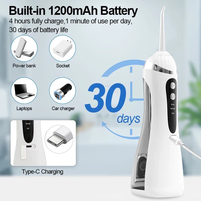 Electric Oral Sprinkler 3 Modes USB Rechargeable Waterproof IP65 Oral Sprinkler 4 Nozzles Portable Dental Sprinklers