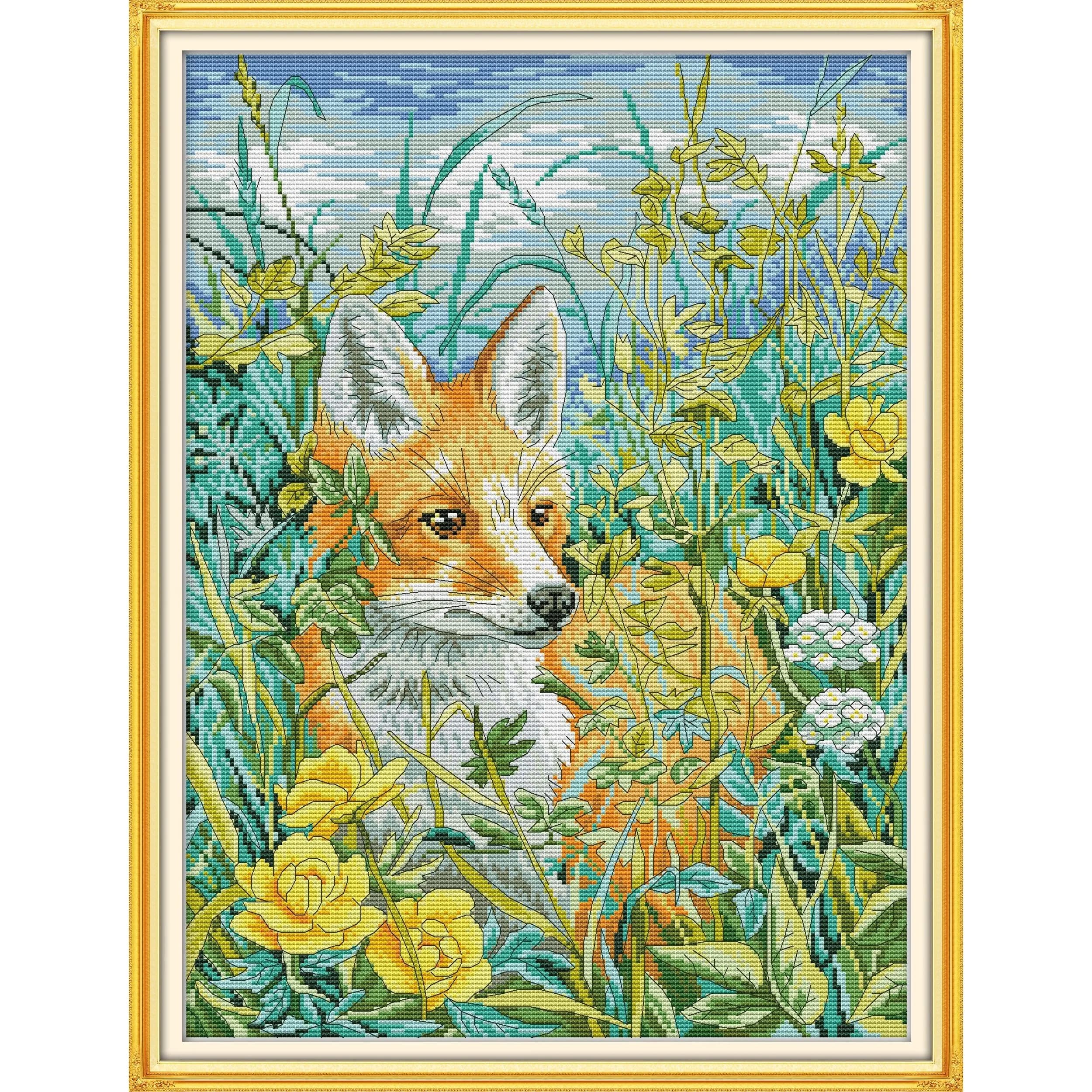 News Pre-Printed Cross Stitch Kit, Stamped Aida Fabric With DMC Threads, Embroidery Kit - The Fox In The Bush