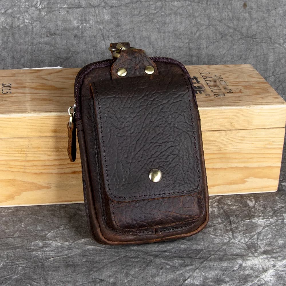 Simplified Men's Leather Wallet Top Layer Cowhide Vintage Mobile Phone Waist Bag with Hook Casual Vertical Square Shape