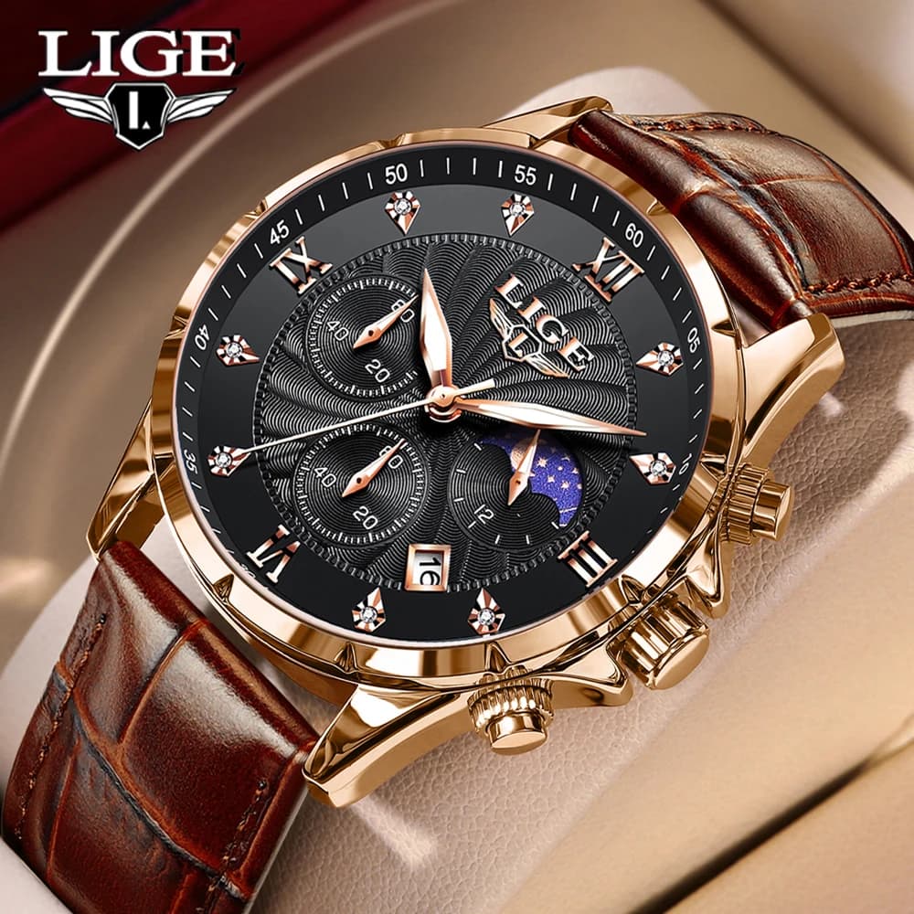 Orologio da Uomo LIGE, Lussuoso Orologio da Polso con Fasi Lunari, Data e Giorno della Settimana, Impermeabile, Cinturino in Pelle, Movimento al Quarzo