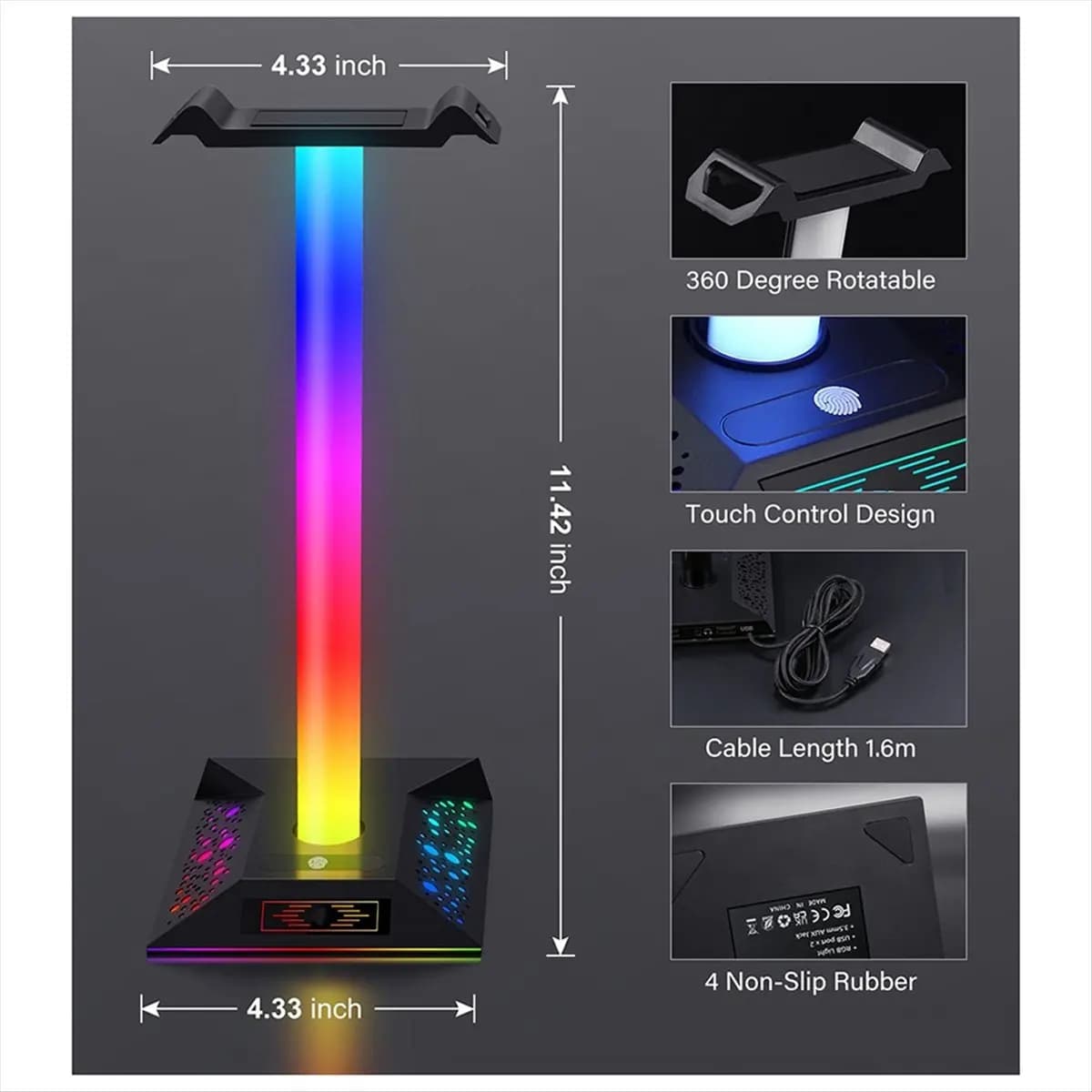 A78I Game Headphone Stand RGB Light with Dual USB Ports 3.5mm Audio Touch Headphone Stand Light