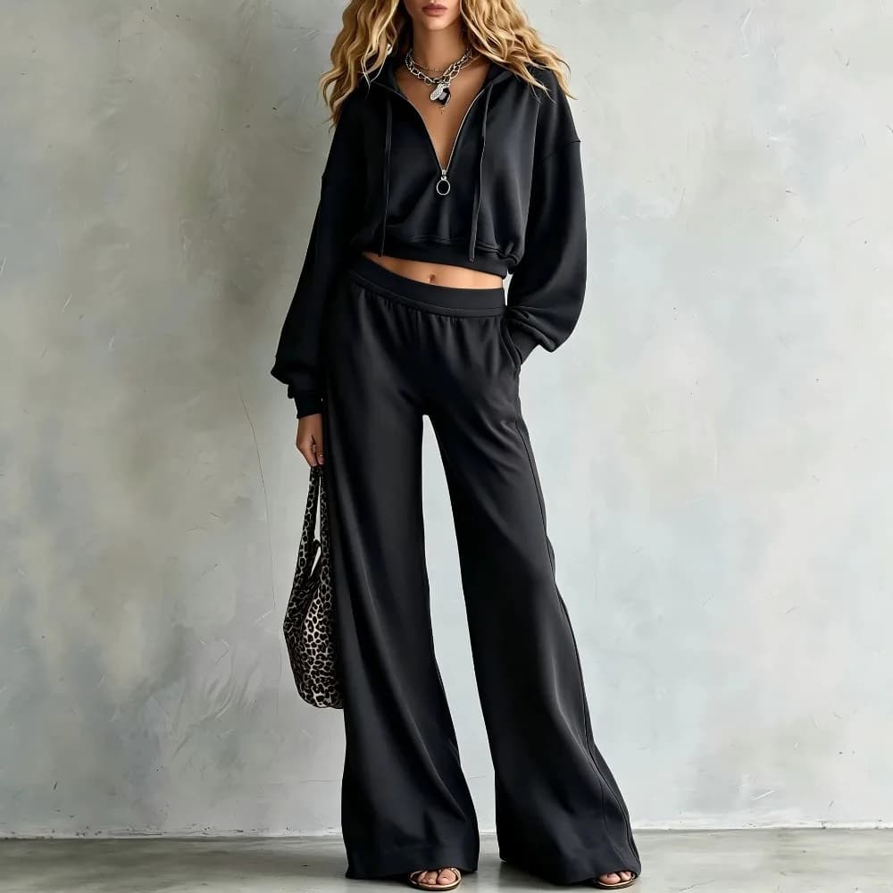 Women's Solid Tracksuit Half Zip Cropped Hoodie Long Sleeve Sweatshirt High Waist Wide Leg Pants Casual 2 Piece Set Streetwear