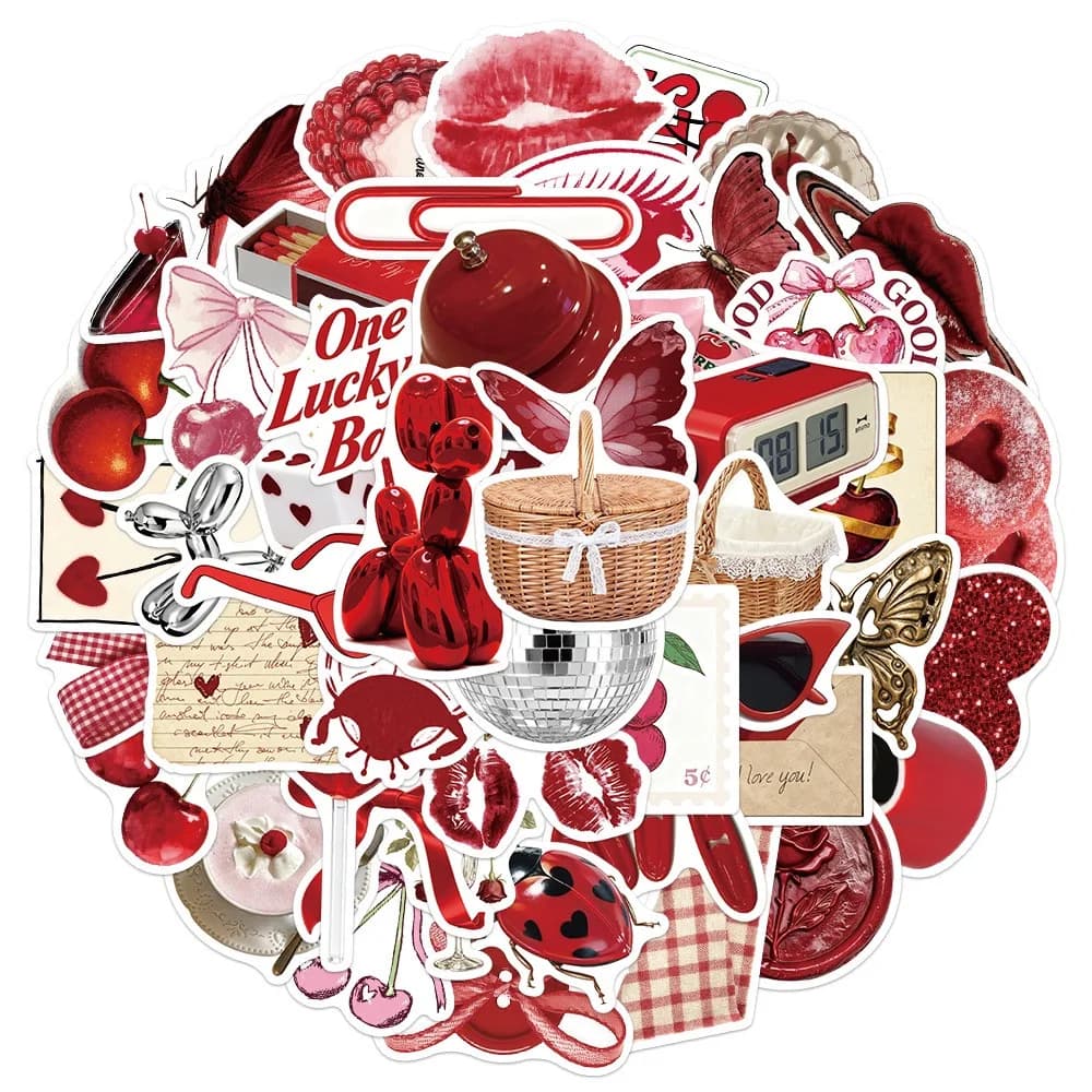 50 Adesivi Vintage Rossi Stile Y2K con Motivo Cherry Girl per DIY Laptop, Chitarra, Valigia, Diario, Custodia Telefono, Quaderno, Decorazioni Doodle