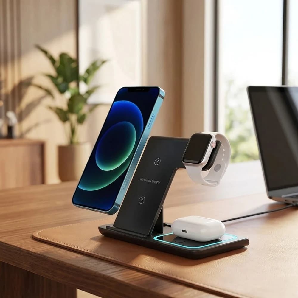 Stazione di Ricarica Wireless Pieghevole 3-in-1, Caricatore Rapido 30W, Supporto Certificato Qi2 Compatibile con Telefoni, Smartwatch e Auricolari