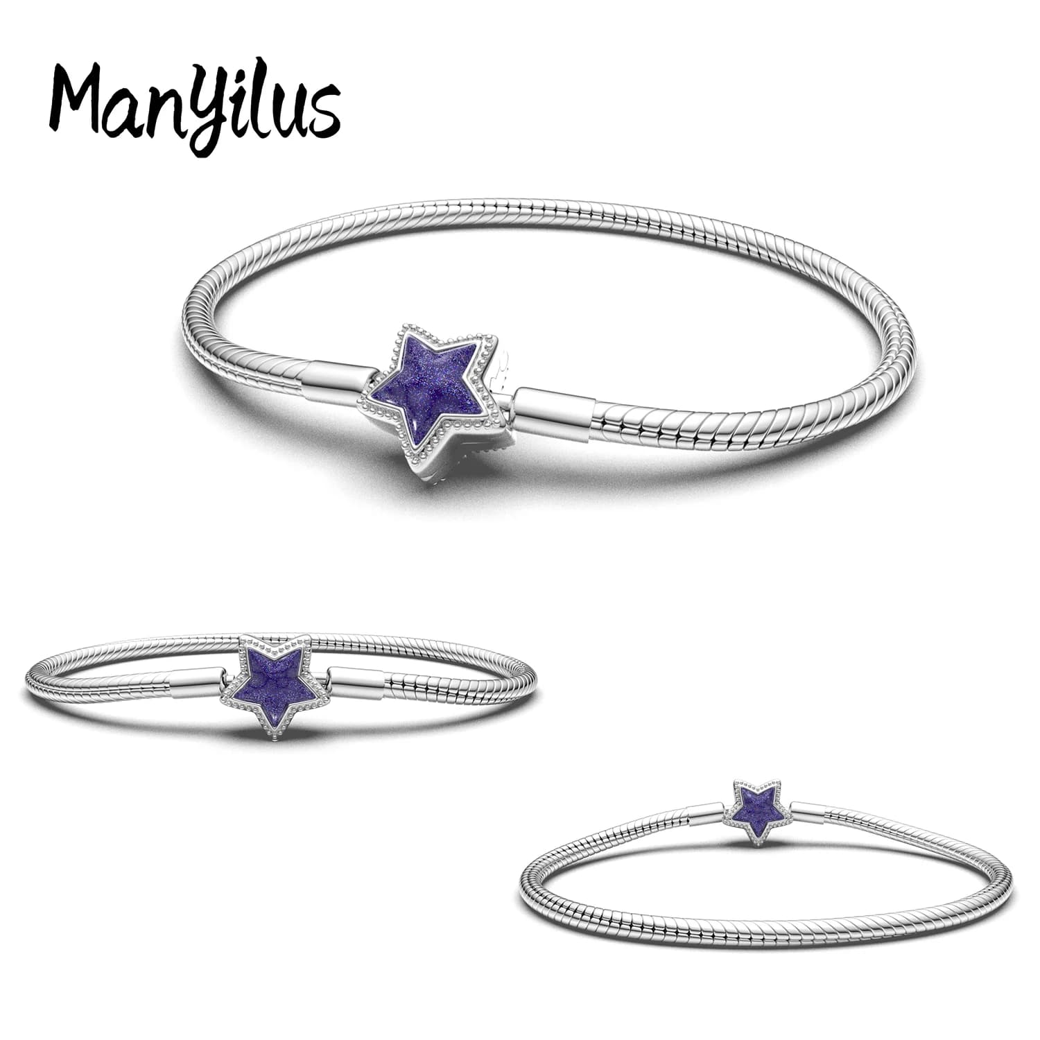 Manyilus 925 Sterling Silver Purple Glitter Star Snake Chain Bracelet for Original Charms CZ Paved Clasp Women Jewelry Gift