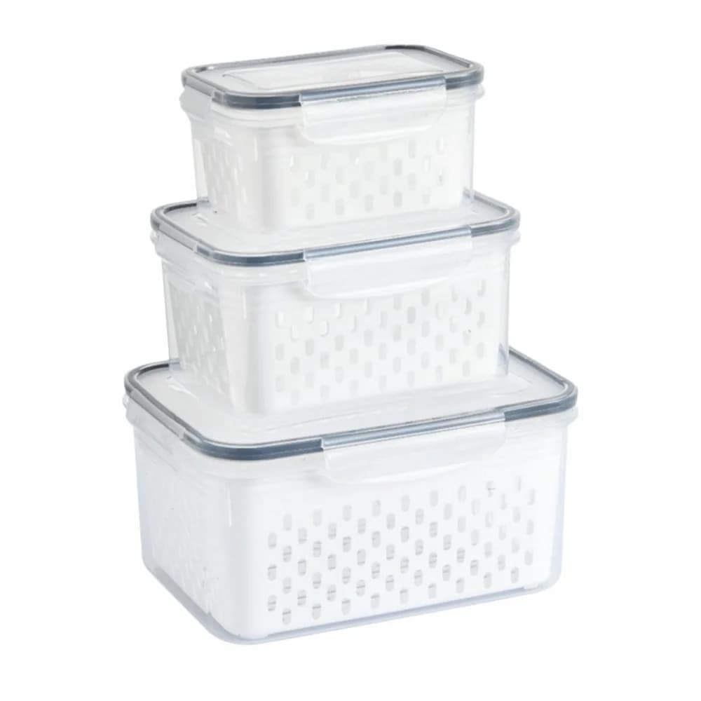 3Pcs/Set Double Layer Food Storage Containers Draining Stackable Produce Containers Leakproof Removable Colander