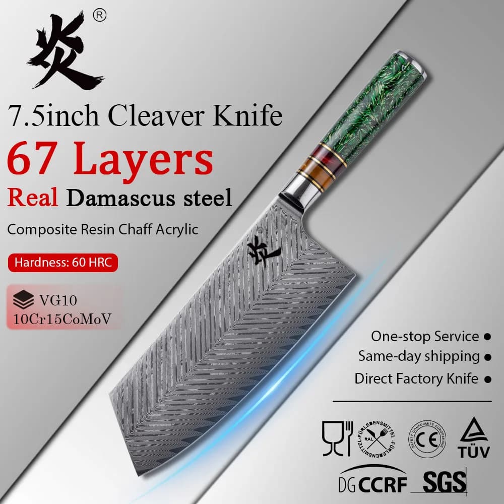 YAN 67 Layers Damascus Steel Knives VG10 Cleaver Knife Japanese Santoku Kitchen Knife Composite Resin Chaff Acrylic Handle