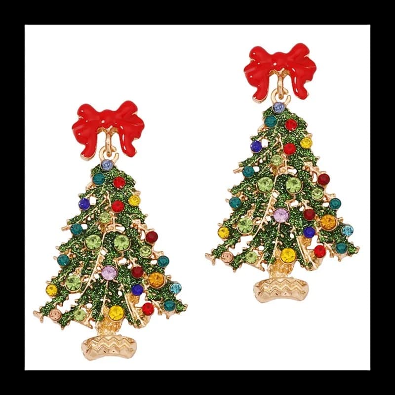 Orecchini con diamanti intarsiati di olio a goccia in lega di albero di Natale colorato creativo di nuova moda serie natalizia da donna