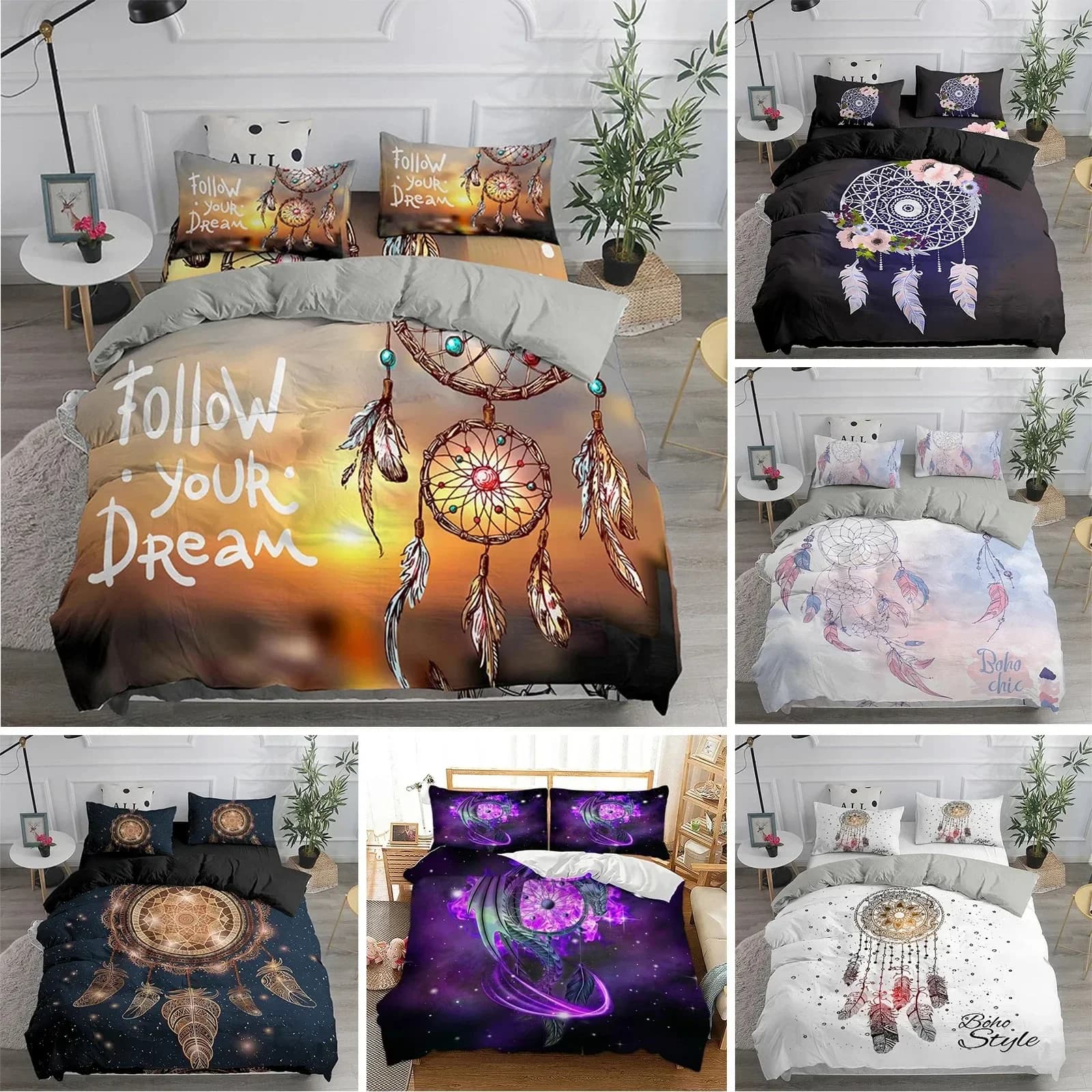 Dreamcatcher White Duvet Cover Microfiber Bohemian Print King Bedding Set For Girls Adults Soft Comforter Cover With Pillowcase