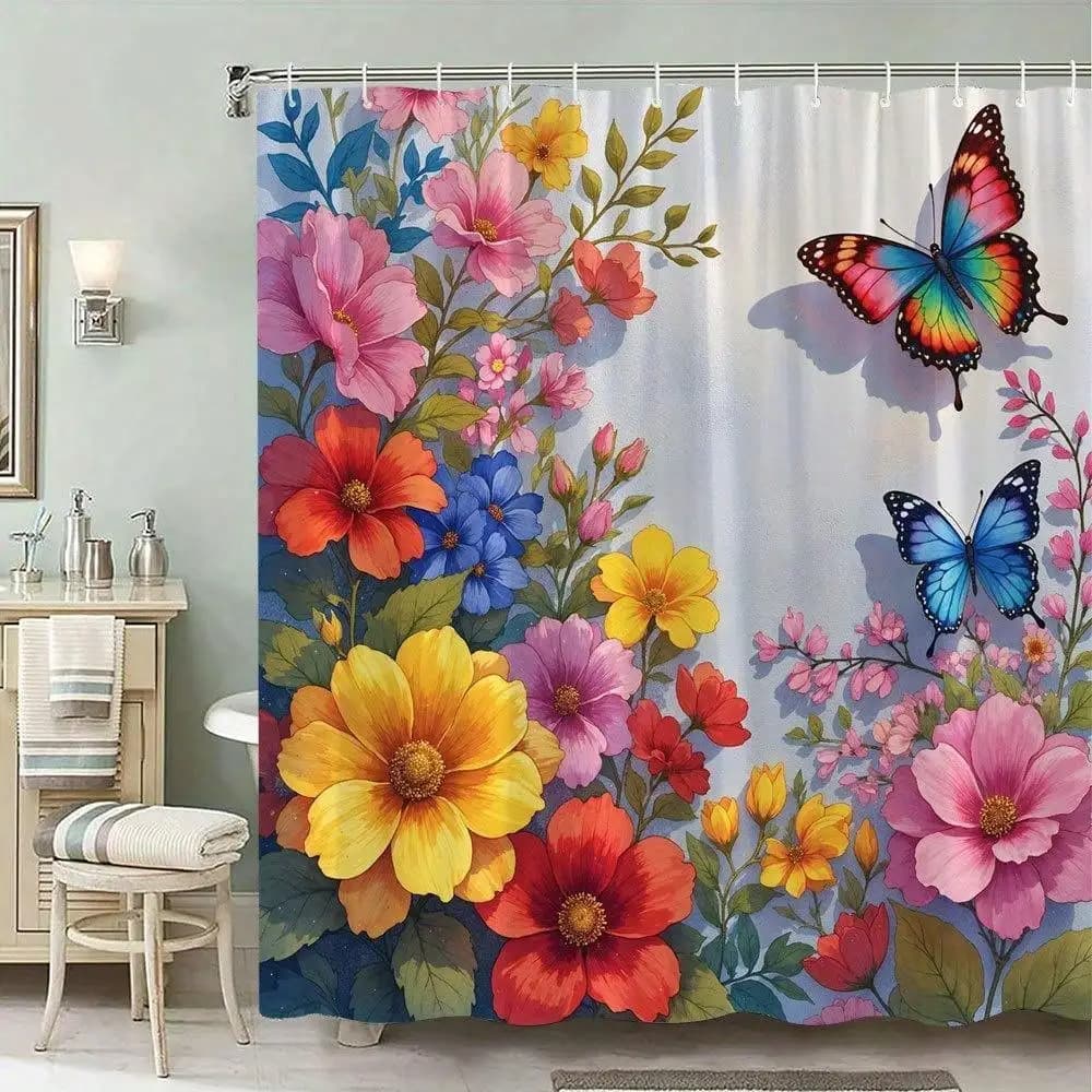 1 colored shower curtain with butterflies and flowers | Vibrant butterflies in Rose, Red, Blue, Green, Detailed Flowers Circles