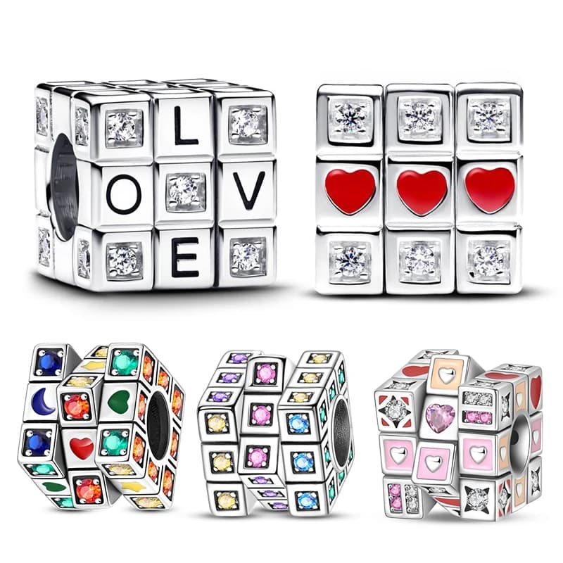 LOVE cube pendant in silver 925 with heart in red enamel and transparent zircons, compatible with original bracelets, DIY jewelry, gift for woman, on offer.