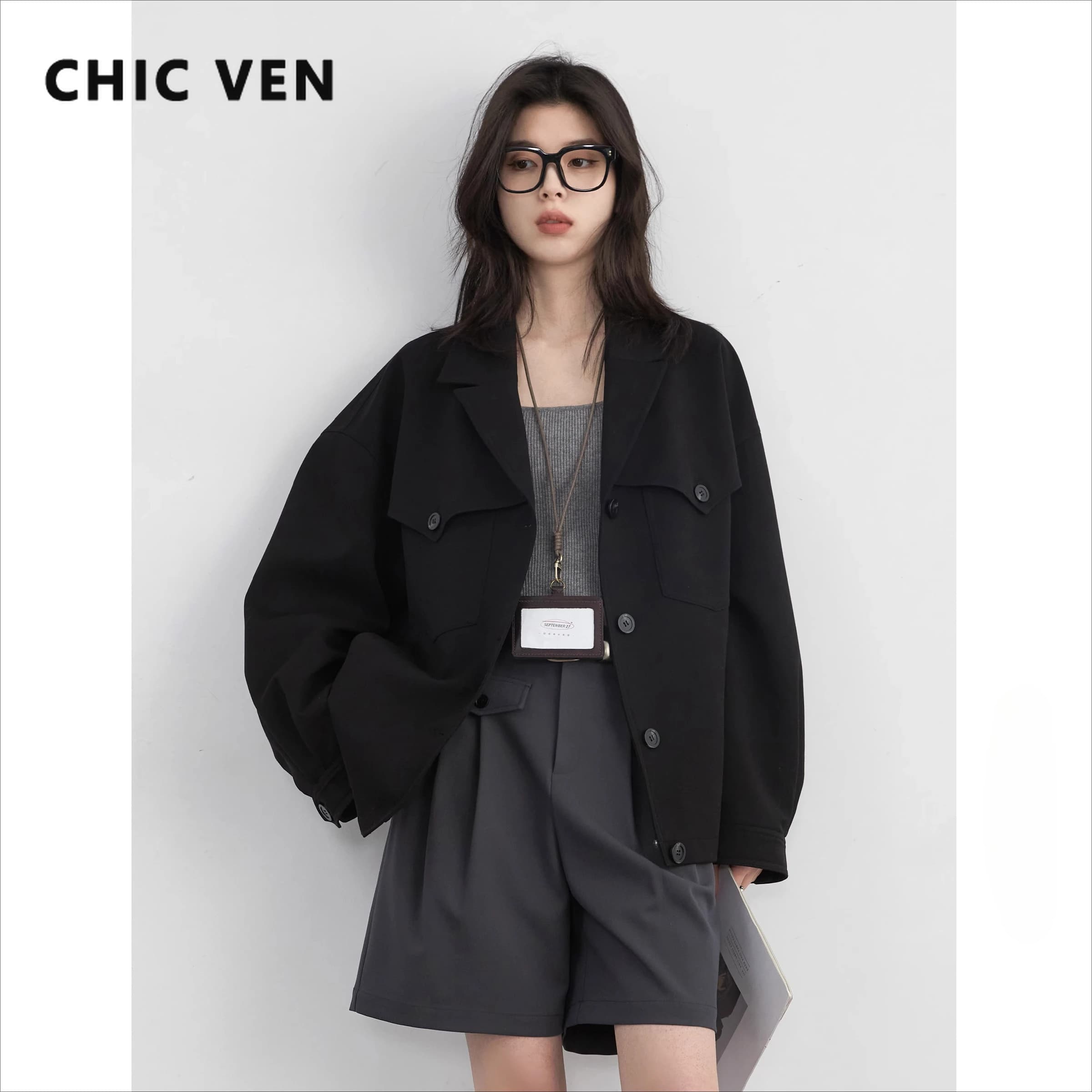 CHIC VEN Streetwear Giacche da donna Casual Solid Black Cappotto allentato monopetto Cappotto corto femminile Primavera Autunno 2025
