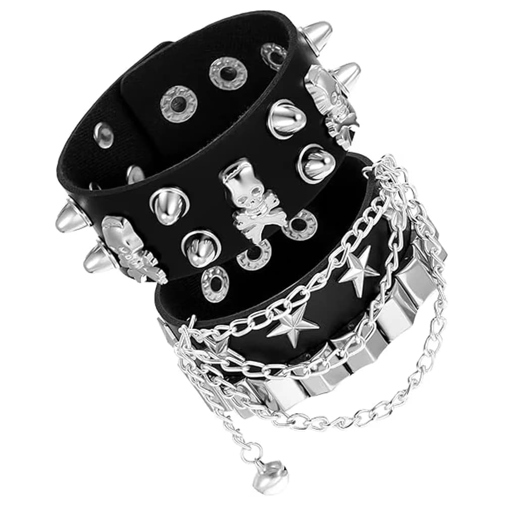 Bracciale gotico, pelle con teschio tempestato di borchie nere, braccialetti regolabili per uomo e donna, accessori moda