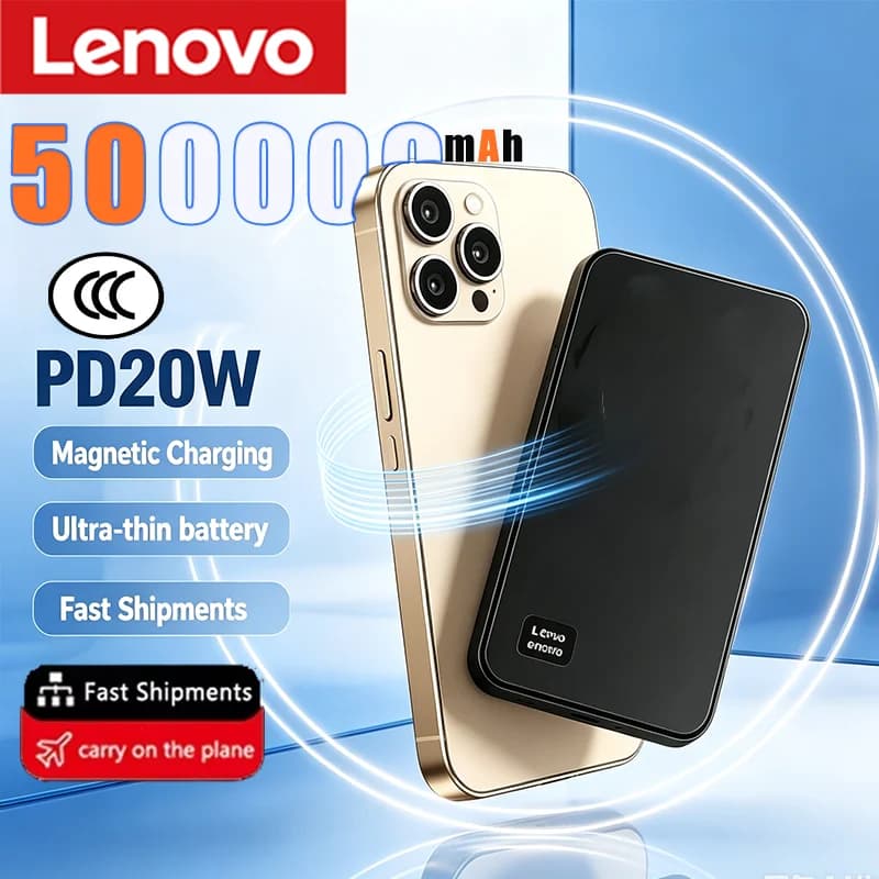 Lenovo Ultra-Slim Magnetic Wireless Power Bank 500000mAh PD22.5W Fast Charging for Magsafe External Battery For Xiaomi iPhone16