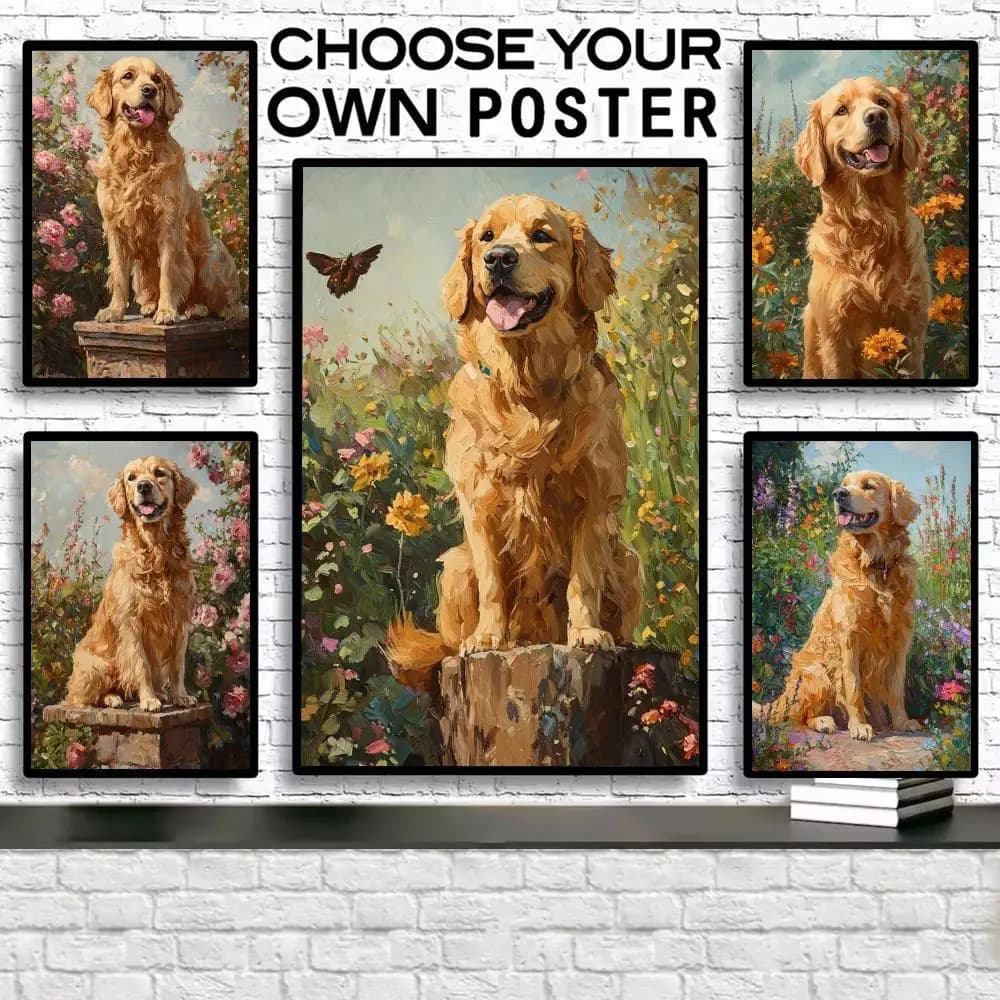Poster con pittura a olio di simpatico cane Golden Retriever, stampa artistica da parete adesiva, impermeabile, decorazione estetica per la casa, soggiorno, camera da letto