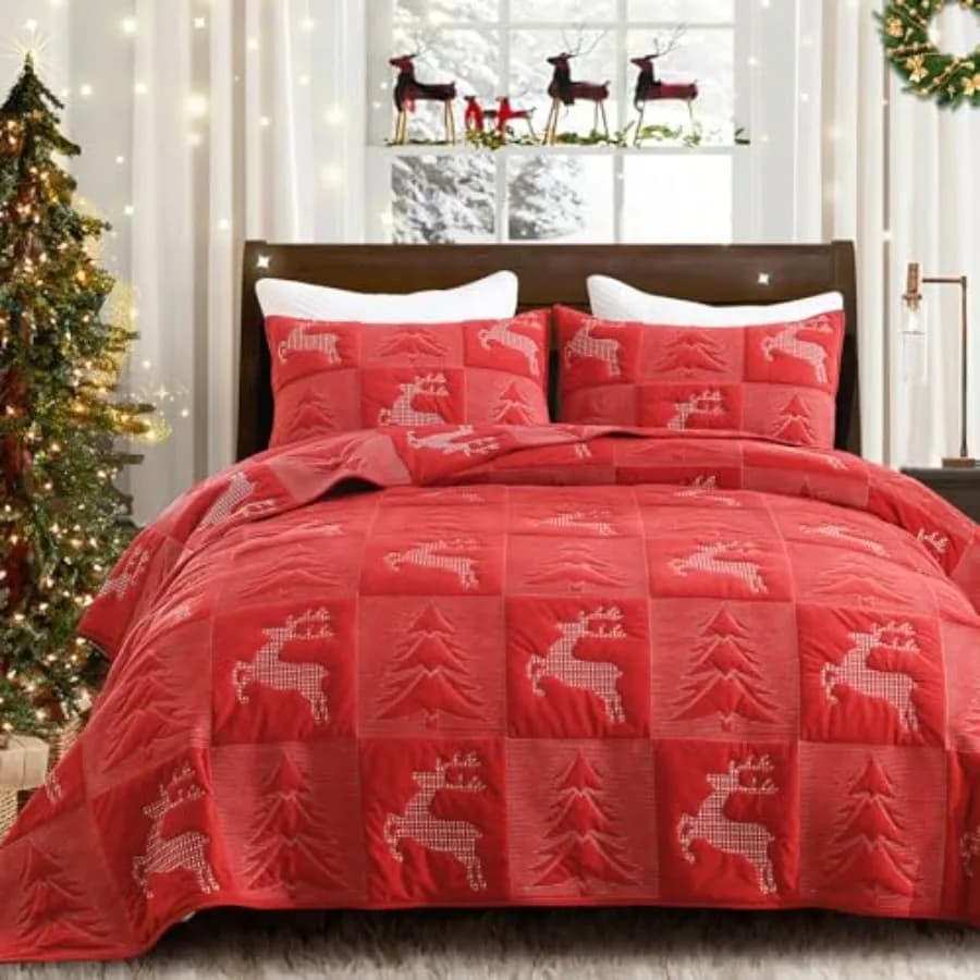 Set Copriletto Natalizio King Size 3 Pezzi in Velluto con Motivo Albero di Natale e Renne, Morbido e Leggero
