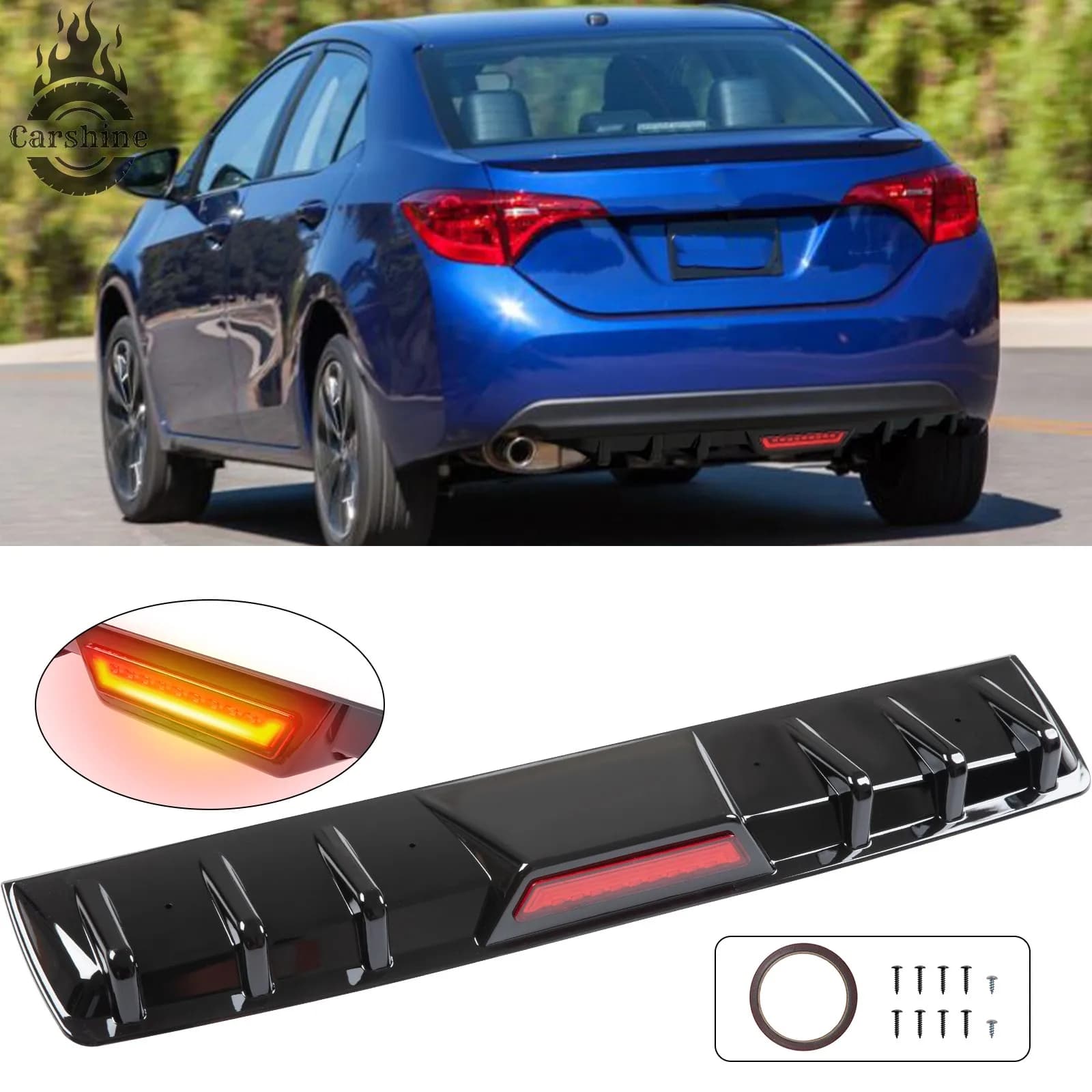 Diffusore paraurti posteriore con splitter e luce freno a LED nero lucido per Toyota Corolla