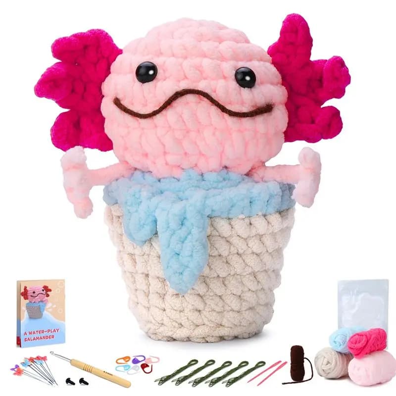 Kit Uncinetto AEE6 - Kit Fai da Te Salamandra con Filato, Ferri da Maglia e Peluche Facile da Realizzare (Rosa)